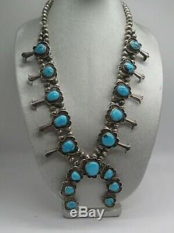 Vintage Pawn Navajo Squash Blossom Necklace Turquoise Sterling Silver