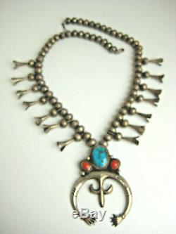 Vintage Pawn Sterling Morencie Turquoise Coral Squash Blossom NecklaceFREE SHIP