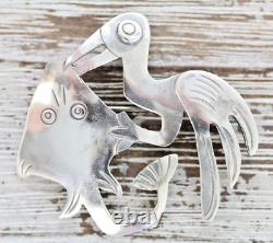 Vintage Peru Bird Catching Stingray Sterling Silver Brooch 925 Laffi Era Rare