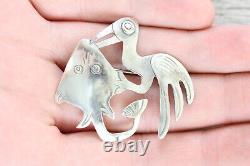 Vintage Peru Bird Catching Stingray Sterling Silver Brooch 925 Laffi Era Rare