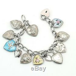 Vintage Puffed Heart Charm Bracelet 925 Sterling Silver with some Enamel Charms
