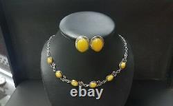 Vintage RARE RUSSIAN EGG YOLK AMBER STERLING SILVER NECKLACE & EARRINGS