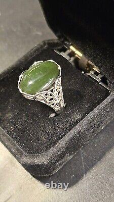 Vintage Rare Siberian Jadite Jade Ring set in Sterling Silver Size 9/ Adjustable