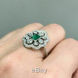 Vintage Retro Antique Art Deco Engagement Cluster Ring 14k Gold Over 3Ct Emerald