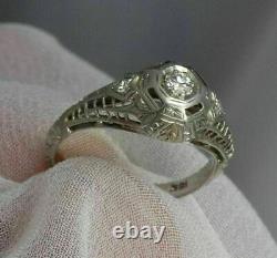 Vintage Retro Engagement Filigree Art Deco Ring 1 Ct Diamond 14K White Gold Over