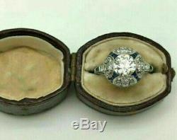 Vintage Retro Engagement Wedding Ring Sapphire 2.3Ct Diamond 14k White Gold Over