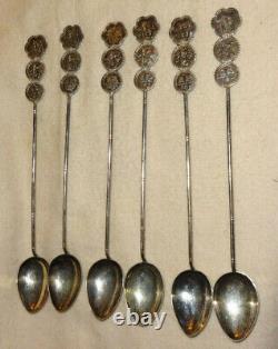 Vintage Set Of 6 Chinese Bamboo Good Luck. 925 Sterling Silver Spoons 75g