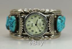 Vintage Signed Native American Indian Zuni Sterling Silver Turquoise Watch Cuff