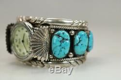 Vintage Signed Native American Indian Zuni Sterling Silver Turquoise Watch Cuff