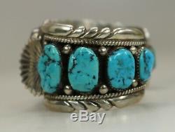 Vintage Signed Native American Indian Zuni Sterling Silver Turquoise Watch Cuff