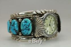 Vintage Signed Native American Indian Zuni Sterling Silver Turquoise Watch Cuff