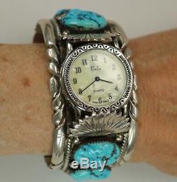 Vintage Signed Native American Indian Zuni Sterling Silver Turquoise Watch Cuff