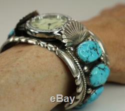 Vintage Signed Native American Indian Zuni Sterling Silver Turquoise Watch Cuff