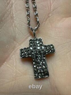 Vintage Signed SC 925 Sterling Silver Rhinestone CZ Cross Pendant Necklace G21