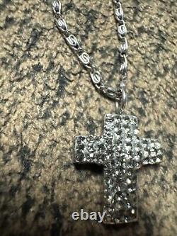 Vintage Signed SC 925 Sterling Silver Rhinestone CZ Cross Pendant Necklace G21