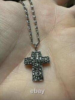 Vintage Signed SC 925 Sterling Silver Rhinestone CZ Cross Pendant Necklace G21