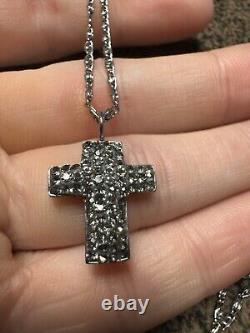 Vintage Signed SC 925 Sterling Silver Rhinestone CZ Cross Pendant Necklace G21