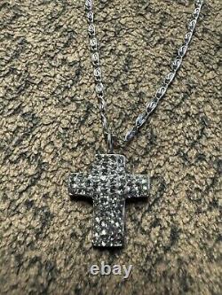 Vintage Signed SC 925 Sterling Silver Rhinestone CZ Cross Pendant Necklace G21