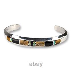 Vintage Southwestern Sterling Silver 925 Tiger Eye Onyx Agate Opal Cuff Bracelet