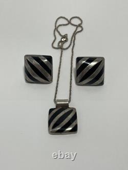 Vintage Square Onyx Pendant Necklace & Earrings Set Sterling Silver Modernist
