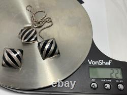 Vintage Square Onyx Pendant Necklace & Earrings Set Sterling Silver Modernist