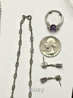 Vintage Sterling Lot 925 With Amethyst Clear Stones Filigree Italy Chain