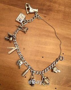 Vintage Sterling Silver 10 Charms Link Charm Bracelet Skull
