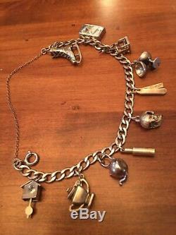 Vintage Sterling Silver 10 Charms Link Charm Bracelet Skull