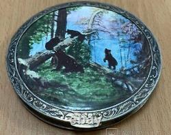 Vintage Sterling Silver 875 Powder Box Bears Painting Womans Jewel Rare Old 20th