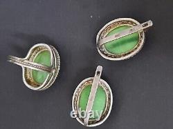 Vintage Sterling Silver 925 Agate Stone Green Jewelry Women Set Earrings Ring S7