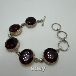 Vintage Sterling Silver 925 Red Stone Bracelet Women's Statement Jewelry Marked