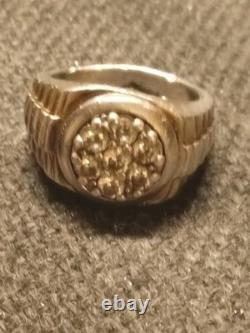Vintage Sterling Silver 925 Ring, 7 Diamond Cluster And Two Tone Gold Overlay
