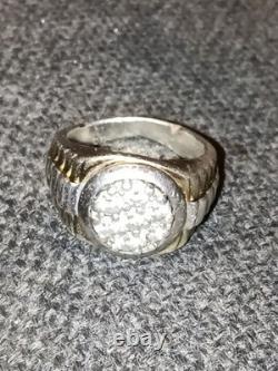 Vintage Sterling Silver 925 Ring, 7 Diamond Cluster And Two Tone Gold Overlay