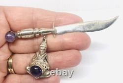 Vintage Sterling Silver Amethyst Sword Brooch Dangling Genie 23gms 3 3/4 Long