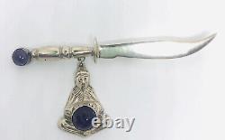 Vintage Sterling Silver Amethyst Sword Brooch Dangling Genie 23gms 3 3/4 Long