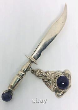 Vintage Sterling Silver Amethyst Sword Brooch Dangling Genie 23gms 3 3/4 Long