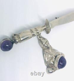 Vintage Sterling Silver Amethyst Sword Brooch Dangling Genie 23gms 3 3/4 Long