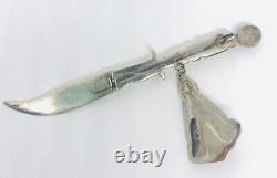 Vintage Sterling Silver Amethyst Sword Brooch Dangling Genie 23gms 3 3/4 Long