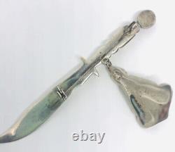 Vintage Sterling Silver Amethyst Sword Brooch Dangling Genie 23gms 3 3/4 Long