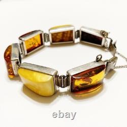 Vintage Sterling Silver Baltic Egg Yolk & Cognac Amber Book Chain Link Bracelet