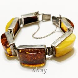 Vintage Sterling Silver Baltic Egg Yolk & Cognac Amber Book Chain Link Bracelet Vintage Sterling Silver Baltic Egg Yolk & Cognac Amber Book Chain Link Bracelet