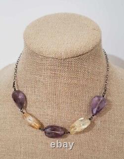 Vintage Sterling Silver Bead Necklace With Amethyst And Citrine Stones