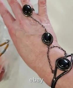 Vintage Sterling Silver Black Onyx Texco Slave Bracelet Ring Set, Goth Size 7