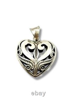 Vintage Sterling Silver Boho Heart Pendant Ornate Scroll Design