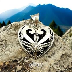 Vintage Sterling Silver Boho Heart Pendant Ornate Scroll Design