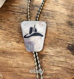 Vintage Sterling Silver Bolo Tie Black Enamel and Coral Inlay