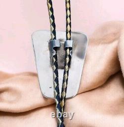 Vintage Sterling Silver Bolo Tie Black Enamel and Coral Inlay