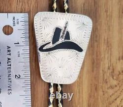 Vintage Sterling Silver Bolo Tie Black Enamel and Coral Inlay