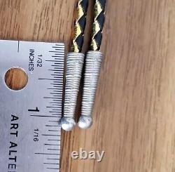 Vintage Sterling Silver Bolo Tie Black Enamel and Coral Inlay