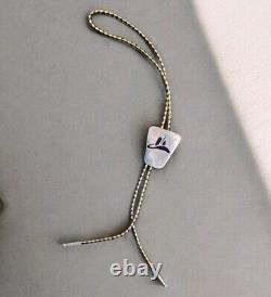 Vintage Sterling Silver Bolo Tie Black Enamel and Coral Inlay